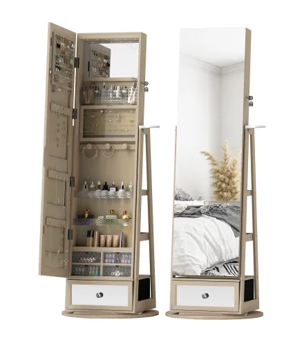 Espejo Joyero con Luces LED Armario Joyero con Espejo Entero Giratorio de 360° Cajón Cerradura Natural