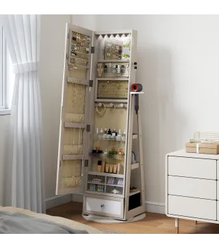 Espejo Joyero con Luces LED Armario Joyero con Espejo Entero Giratorio de 360° Cajón Cerradura Natural