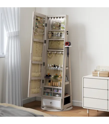 Espejo Joyero con Luces LED Armario Joyero con Espejo Entero Giratorio de 360° Cajón Cerradura Natural