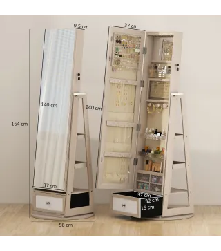 Espejo Joyero con Luces LED Armario Joyero con Espejo Entero Giratorio de 360° Cajón Cerradura Natural