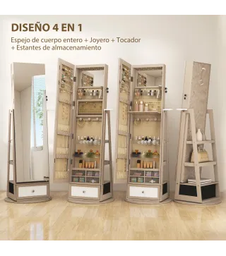 Espejo Joyero con Luces LED Armario Joyero con Espejo Entero Giratorio de 360° Cajón Cerradura Natural