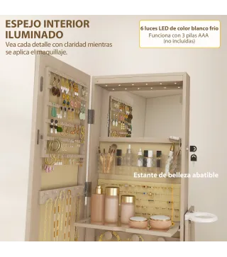 Espejo Joyero con Luces LED Armario Joyero con Espejo Entero Giratorio de 360° Cajón Cerradura Natural