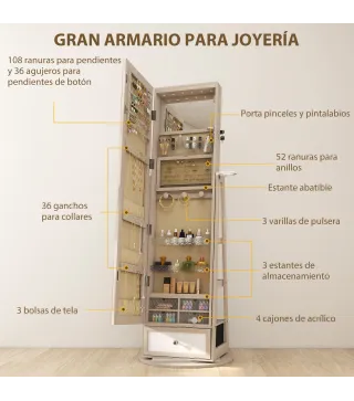 Espejo Joyero con Luces LED Armario Joyero con Espejo Entero Giratorio de 360° Cajón Cerradura Natural