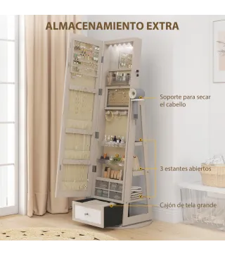 Espejo Joyero con Luces LED Armario Joyero con Espejo Entero Giratorio de 360° Cajón Cerradura Natural