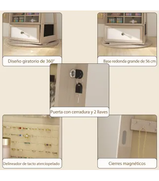 Espejo Joyero con Luces LED Armario Joyero con Espejo Entero Giratorio de 360° Cajón Cerradura Natural