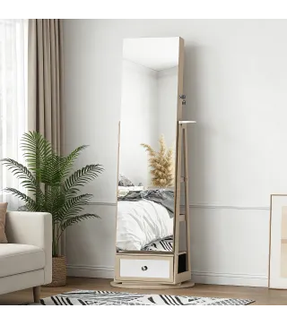 Espejo Joyero con Luces LED Armario Joyero con Espejo Entero Giratorio de 360° Cajón Cerradura Natural