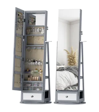 Espejo Joyero con Luces LED Armario Joyero con Espejo Entero Giratorio de 360° Cajón Cerradura Gris Claro