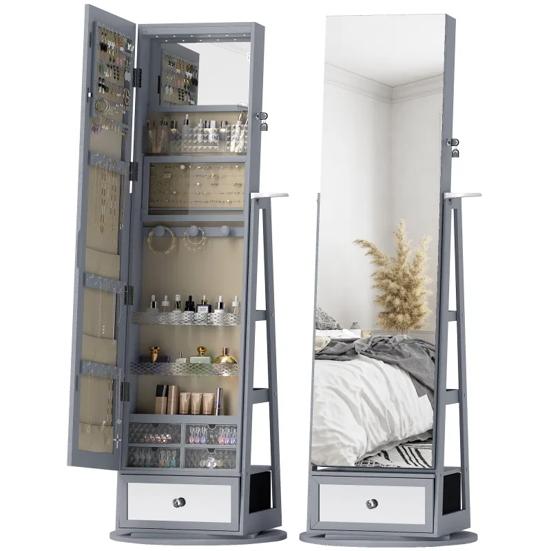 Espejo Joyero con Luces LED Armario Joyero con Espejo Entero Giratorio de 360° Cajón Cerradura Gris Claro