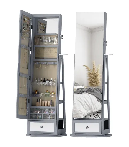 Espejo Joyero con Luces LED Armario Joyero con Espejo Entero Giratorio de 360° Cajón Cerradura Gris Claro