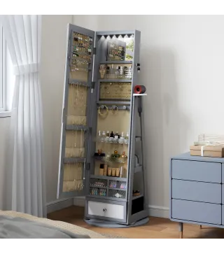 Espejo Joyero con Luces LED Armario Joyero con Espejo Entero Giratorio de 360° Cajón Cerradura Gris Claro