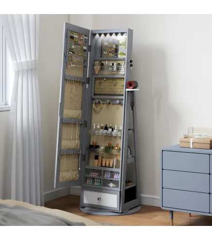 Espejo Joyero con Luces LED Armario Joyero con Espejo Entero Giratorio de 360° Cajón Cerradura Gris Claro