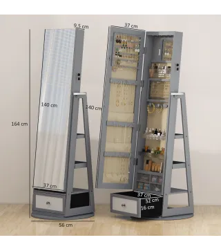 Espejo Joyero con Luces LED Armario Joyero con Espejo Entero Giratorio de 360° Cajón Cerradura Gris Claro