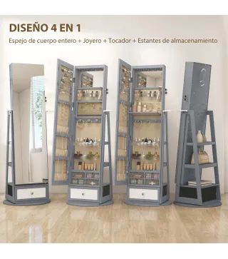 Espejo Joyero con Luces LED Armario Joyero con Espejo Entero Giratorio de 360° Cajón Cerradura Gris Claro