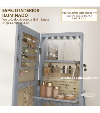 Espejo Joyero con Luces LED Armario Joyero con Espejo Entero Giratorio de 360° Cajón Cerradura Gris Claro