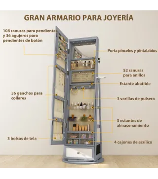 Espejo Joyero con Luces LED Armario Joyero con Espejo Entero Giratorio de 360° Cajón Cerradura Gris Claro