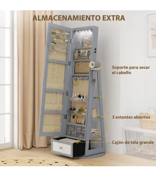 Espejo Joyero con Luces LED Armario Joyero con Espejo Entero Giratorio de 360° Cajón Cerradura Gris Claro
