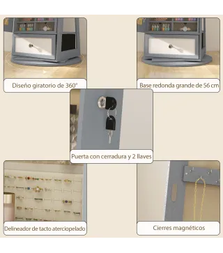 Espejo Joyero con Luces LED Armario Joyero con Espejo Entero Giratorio de 360° Cajón Cerradura Gris Claro
