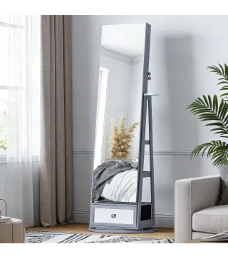 Espejo Joyero con Luces LED Armario Joyero con Espejo Entero Giratorio de 360° Cajón Cerradura Gris Claro