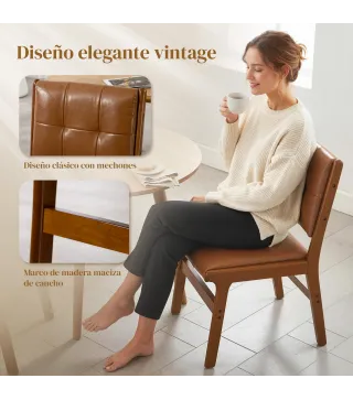 Pack de 2 Sillas de Comedor Tapizadas en PU Asiento Acolchado Patas de Madera para Salón Marrón