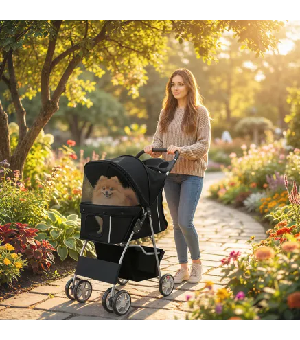 Carrito para Perros Pequeños con Cesta de Almacenaje Portavasos Ruedas y Cojín Lavable 77x44x102 cm Negro