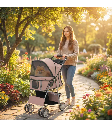 Carrito para Perros Pequeños con Cesta de Almacenaje Portavasos Ruedas y Cojín Lavable 77x44x102 cm Café