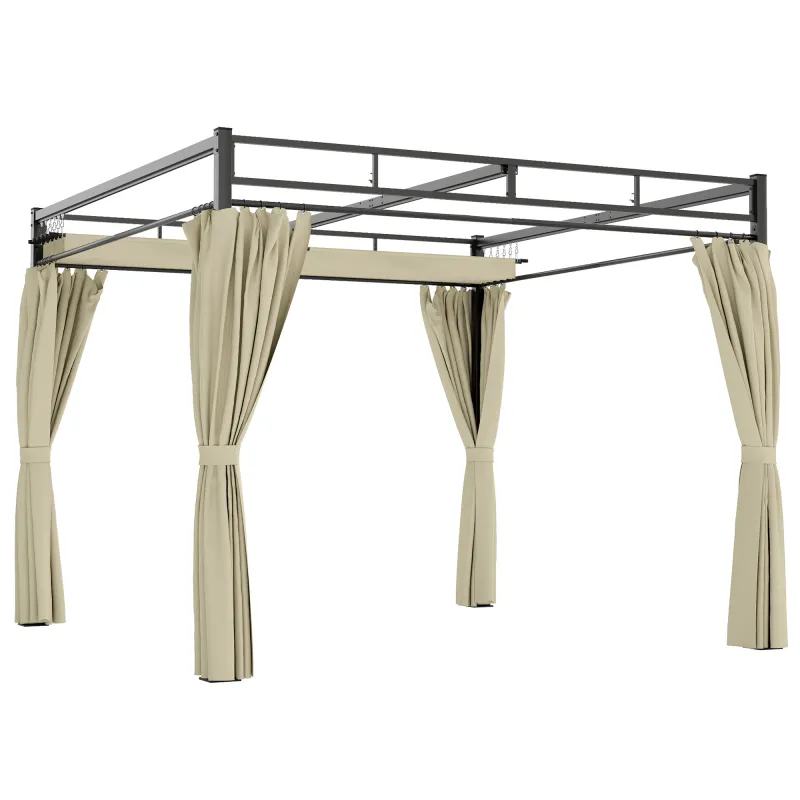 Pérgola de Jardín 3x3 m con Techo Retráctil y Cortinas Protección UV30+ Estructura Metálica para Patio Terraza Beige