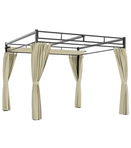 Pérgola de Jardín 3x3 m con Techo Retráctil y Cortinas Protección UV30+ Estructura Metálica para Patio Terraza Beige