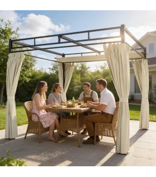 Pérgola de Jardín 3x3 m con Techo Retráctil y Cortinas Protección UV30+ Estructura Metálica para Patio Terraza Beige