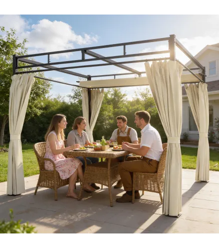 Pérgola de Jardín 3x3 m con Techo Retráctil y Cortinas Protección UV30+ Estructura Metálica para Patio Terraza Beige
