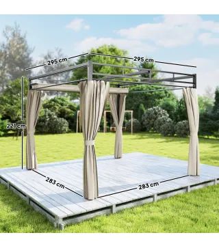 Pérgola de Jardín 3x3 m con Techo Retráctil y Cortinas Protección UV30+ Estructura Metálica para Patio Terraza Beige
