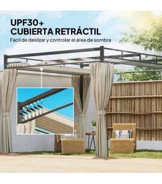 Pérgola de Jardín 3x3 m con Techo Retráctil y Cortinas Protección UV30+ Estructura Metálica para Patio Terraza Beige