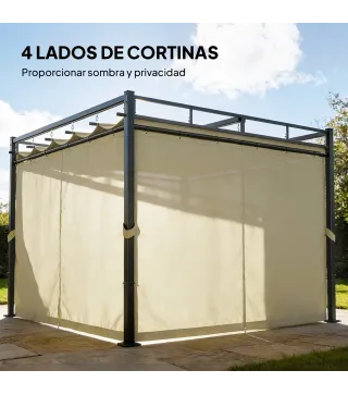 Pérgola de Jardín 3x3 m con Techo Retráctil y Cortinas Protección UV30+ Estructura Metálica para Patio Terraza Beige