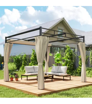 Pérgola de Jardín 3x3 m con Techo Retráctil y Cortinas Protección UV30+ Estructura Metálica para Patio Terraza Beige