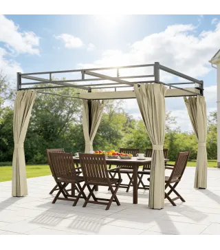 Pérgola de Jardín 3x3 m con Techo Retráctil y Cortinas Protección UV30+ Estructura Metálica para Patio Terraza Beige