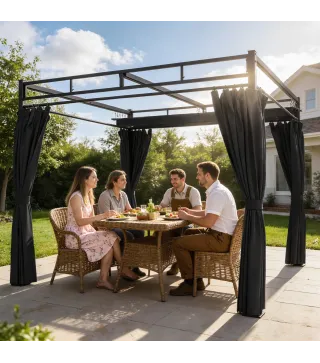 Pérgola de Jardín 3x3 m con Techo Retráctil y Cortinas Protección UV30+ Estructura Metálica para Patio Terraza Gris