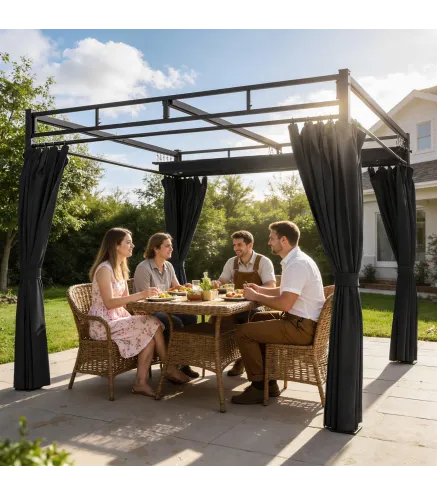 Pérgola de Jardín 3x3 m con Techo Retráctil y Cortinas Protección UV30+ Estructura Metálica para Patio Terraza Gris
