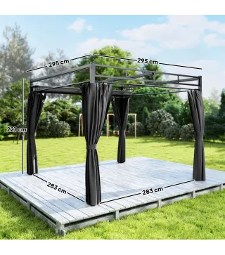 Pérgola de Jardín 3x3 m con Techo Retráctil y Cortinas Protección UV30+ Estructura Metálica para Patio Terraza Gris