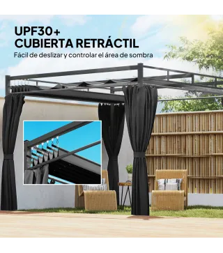 Pérgola de Jardín 3x3 m con Techo Retráctil y Cortinas Protección UV30+ Estructura Metálica para Patio Terraza Gris