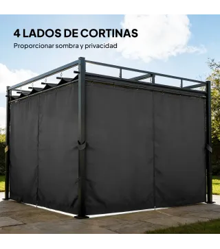 Pérgola de Jardín 3x3 m con Techo Retráctil y Cortinas Protección UV30+ Estructura Metálica para Patio Terraza Gris