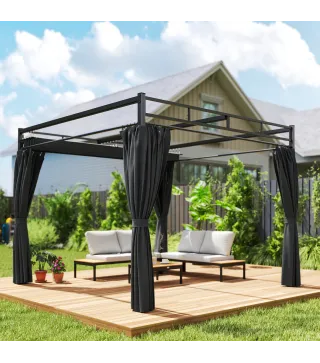 Pérgola de Jardín 3x3 m con Techo Retráctil y Cortinas Protección UV30+ Estructura Metálica para Patio Terraza Gris