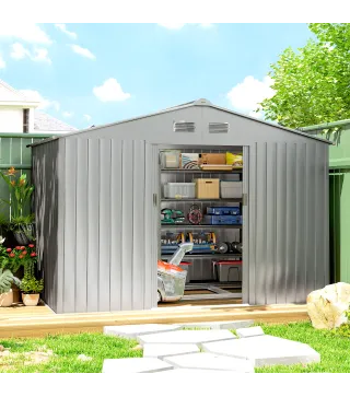 Cobertizo de Jardín Exterior 4,9 m² 277x195x192 cm con Puerta Corredera Ventilación y Kit de Fundación Gris