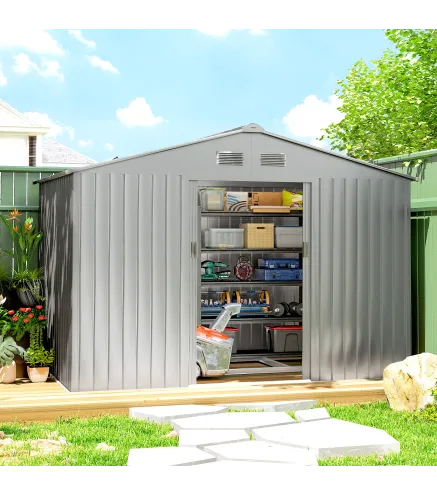 Cobertizo de Jardín Exterior 4,9 m² 277x195x192 cm con Puerta Corredera Ventilación y Kit de Fundación Gris