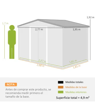 Cobertizo de Jardín Exterior 4,9 m² 277x195x192 cm con Puerta Corredera Ventilación y Kit de Fundación Gris