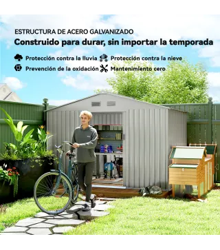 Cobertizo de Jardín Exterior 4,9 m² 277x195x192 cm con Puerta Corredera Ventilación y Kit de Fundación Gris