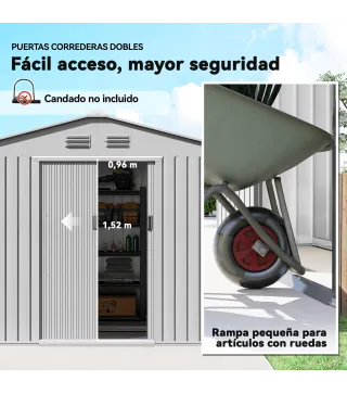 Cobertizo de Jardín Exterior 4,9 m² 277x195x192 cm con Puerta Corredera Ventilación y Kit de Fundación Gris