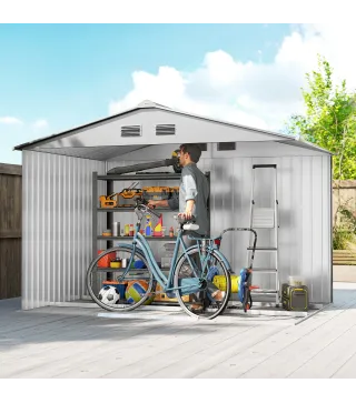 Cobertizo de Jardín Exterior 4,9 m² 277x195x192 cm con Puerta Corredera Ventilación y Kit de Fundación Gris