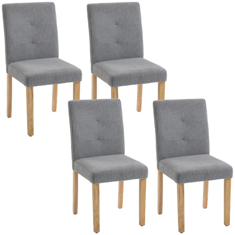 Pack de 4 Sillas de Comedor Respaldo Alto Tapizadas en Pana Asiento Acolchado Patas de Madera para Salón Gris
