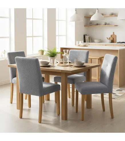 Pack de 4 Sillas de Comedor Respaldo Alto Tapizadas en Pana Asiento Acolchado Patas de Madera para Salón Gris