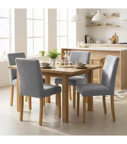 Pack de 4 Sillas de Comedor Respaldo Alto Tapizadas en Pana Asiento Acolchado Patas de Madera para Salón Gris