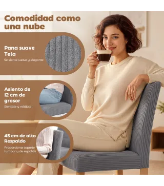Pack de 4 Sillas de Comedor Respaldo Alto Tapizadas en Pana Asiento Acolchado Patas de Madera para Salón Gris